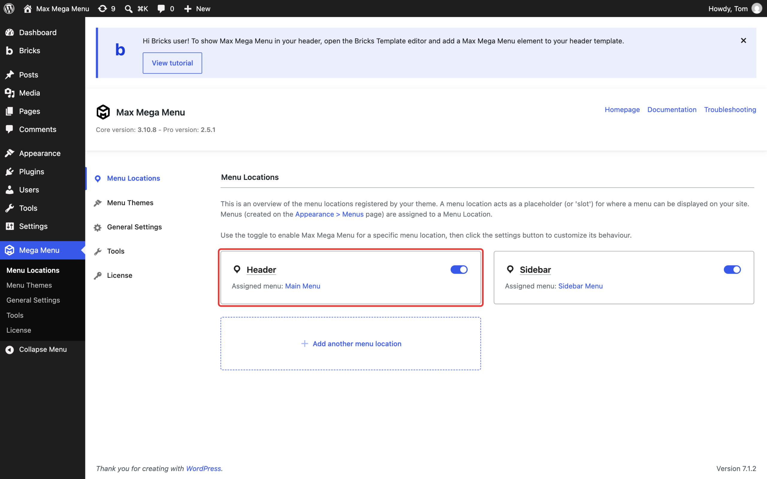 Header menu location enabled on the Mega Menu > Menu Locations page