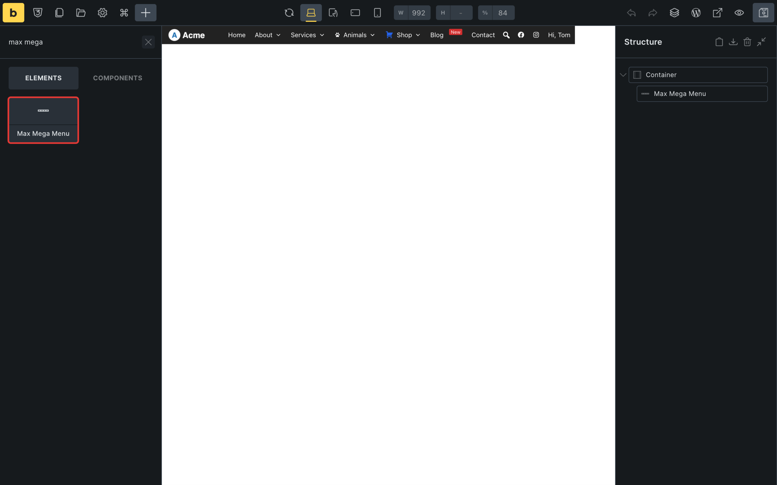 Max Mega Menu element in the Bricks elements panel