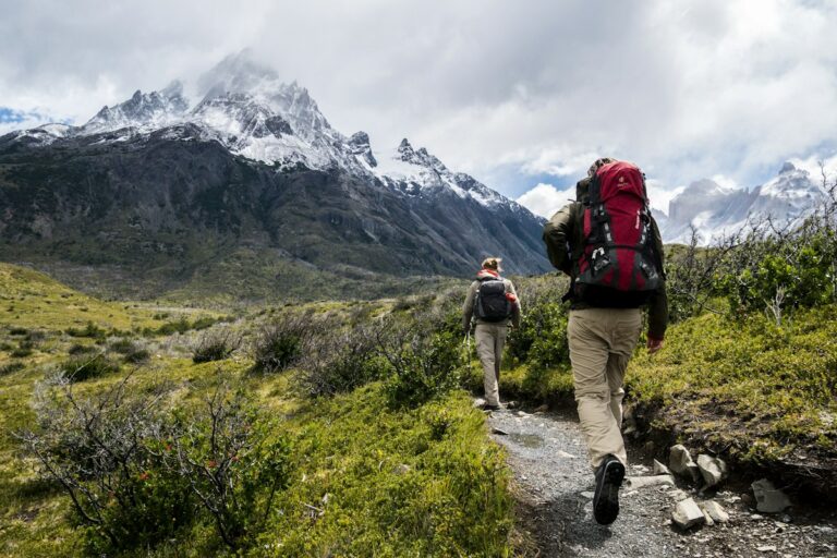 Two hikers walking towards snow-capped mountains
