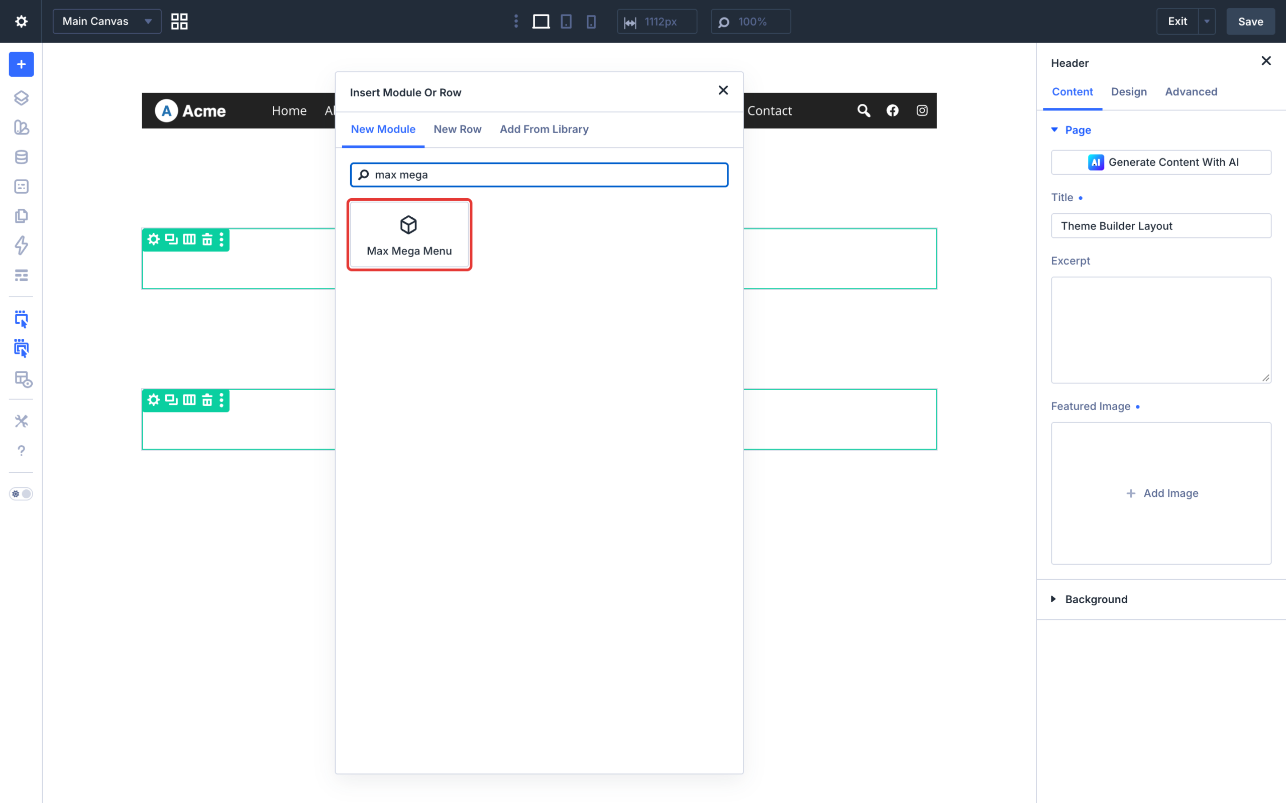 Max Mega Menu module in the Divi Insert Module dialog