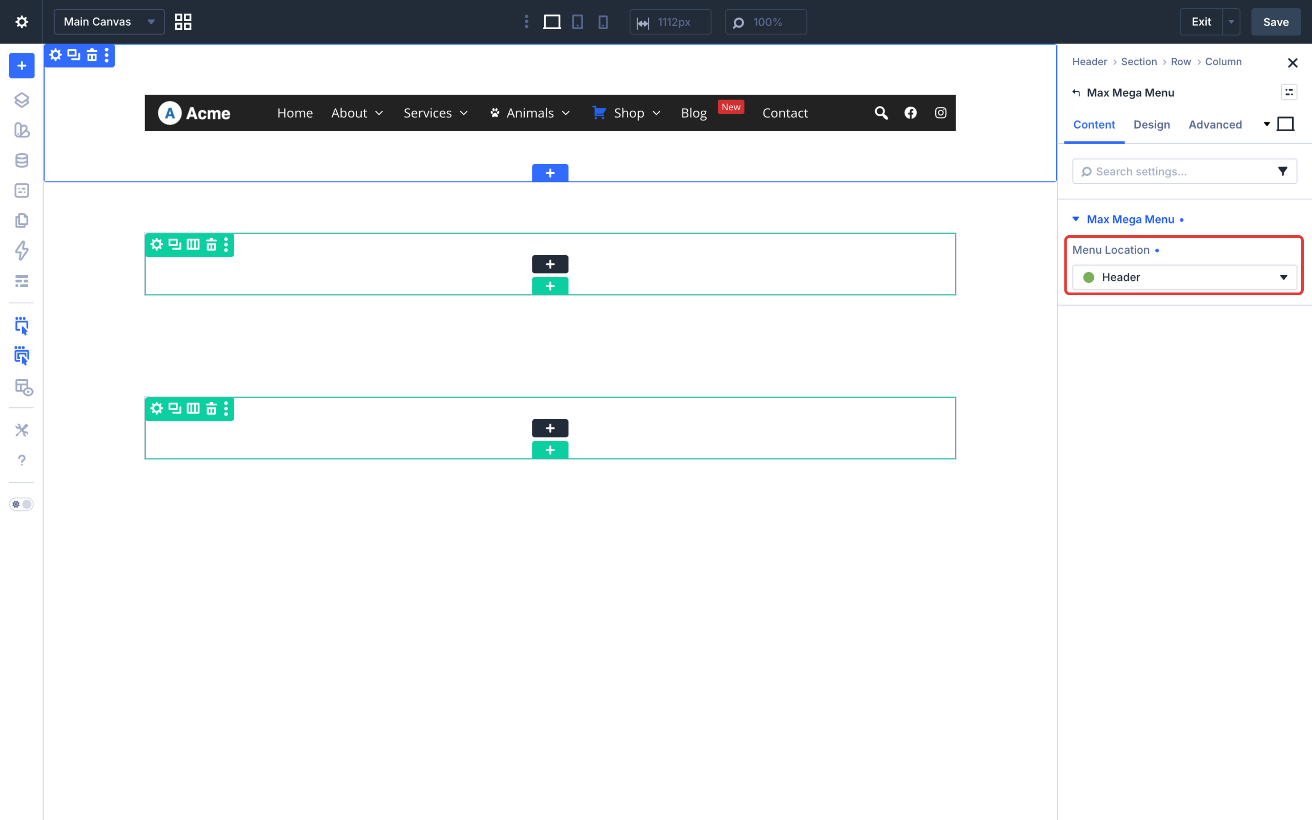 Max Mega Menu Divi module with the Header menu location selected