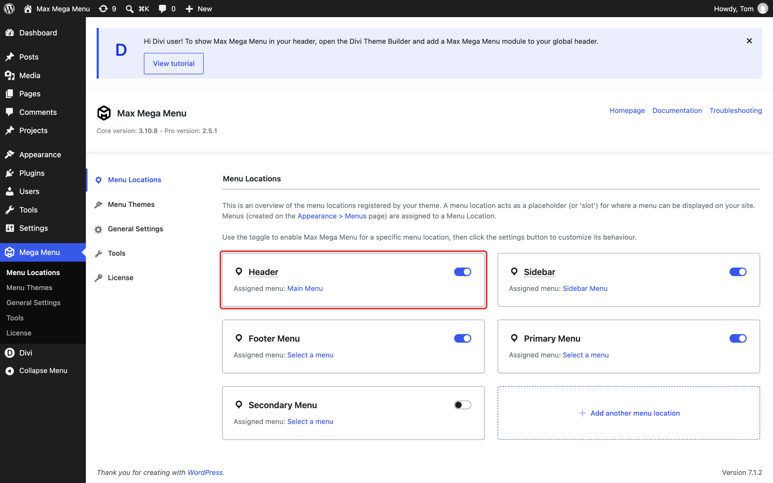 Header menu location enabled on the Mega Menu > Menu Locations page