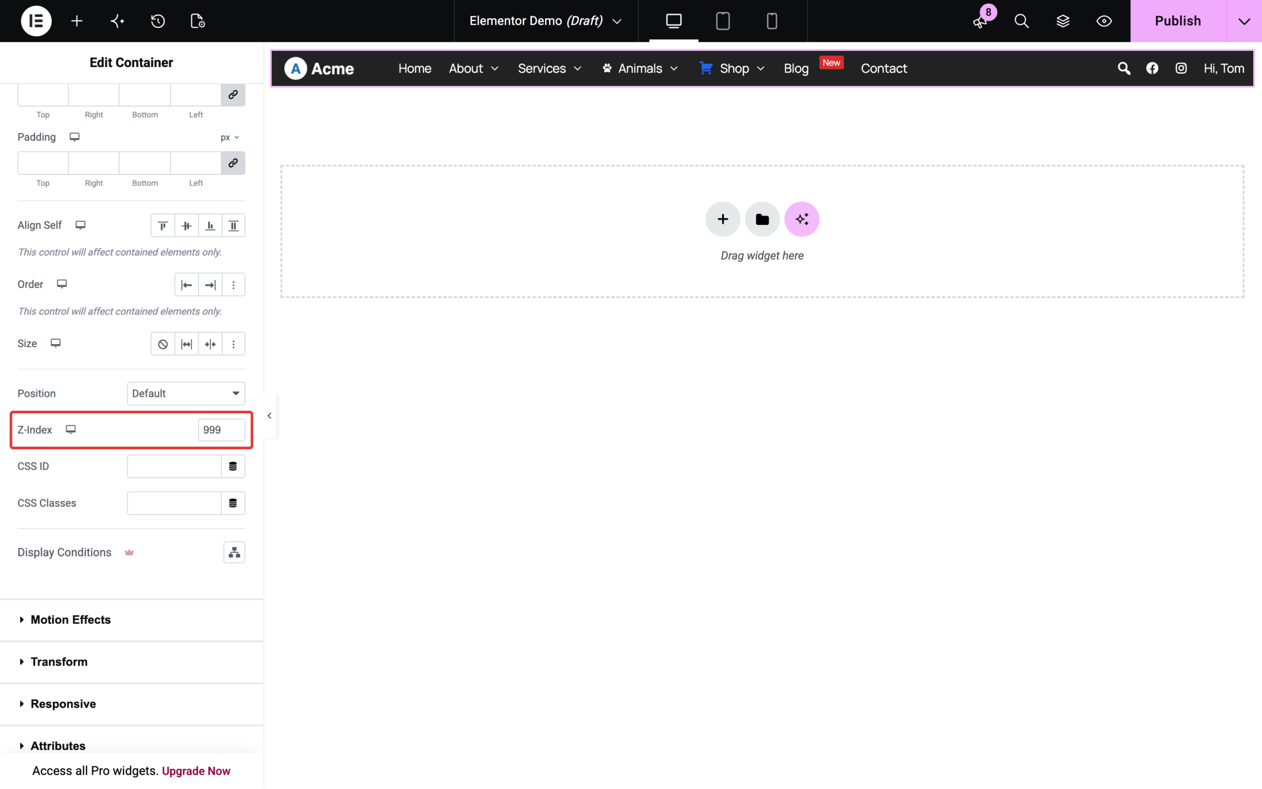 Z-Index setting on the Advanced tab of an Elementor container
