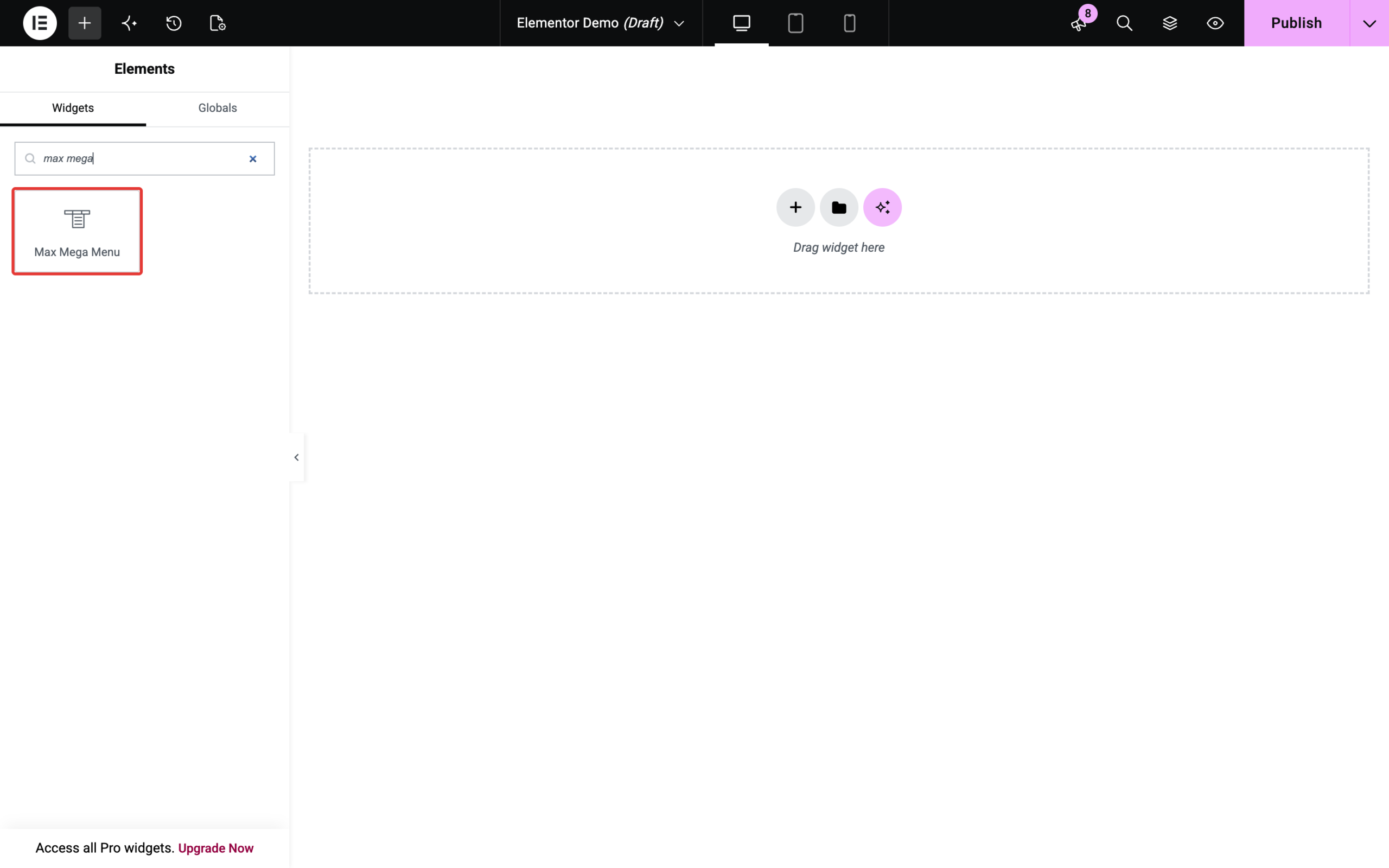 Max Mega Menu element in the Elementor widgets panel