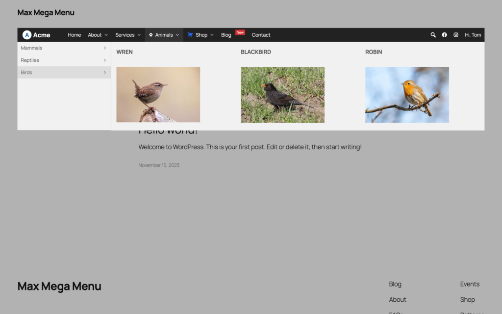 A mega menu open with the rest of the page dimmed by the page overlay