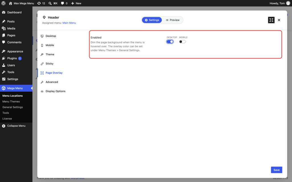 Page Overlay tab in the menu location settings, with Desktop enabled