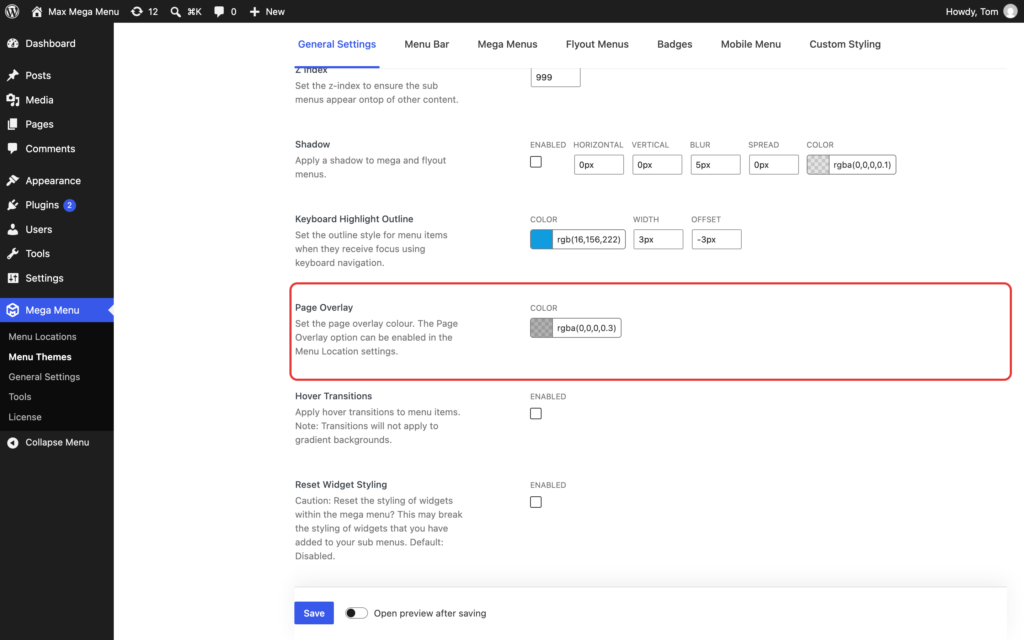 Page Overlay colour setting on the General Settings tab of the theme editor