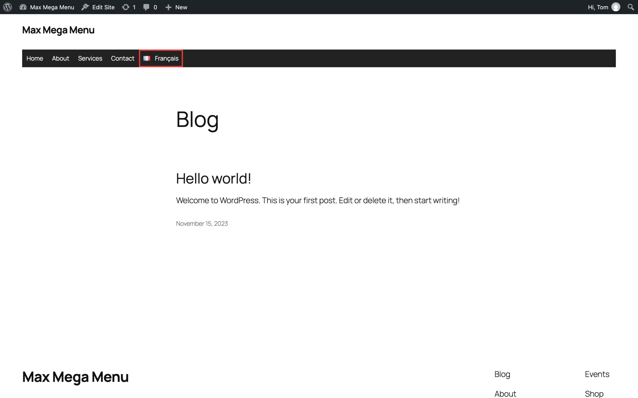 English menu with the Français language switcher