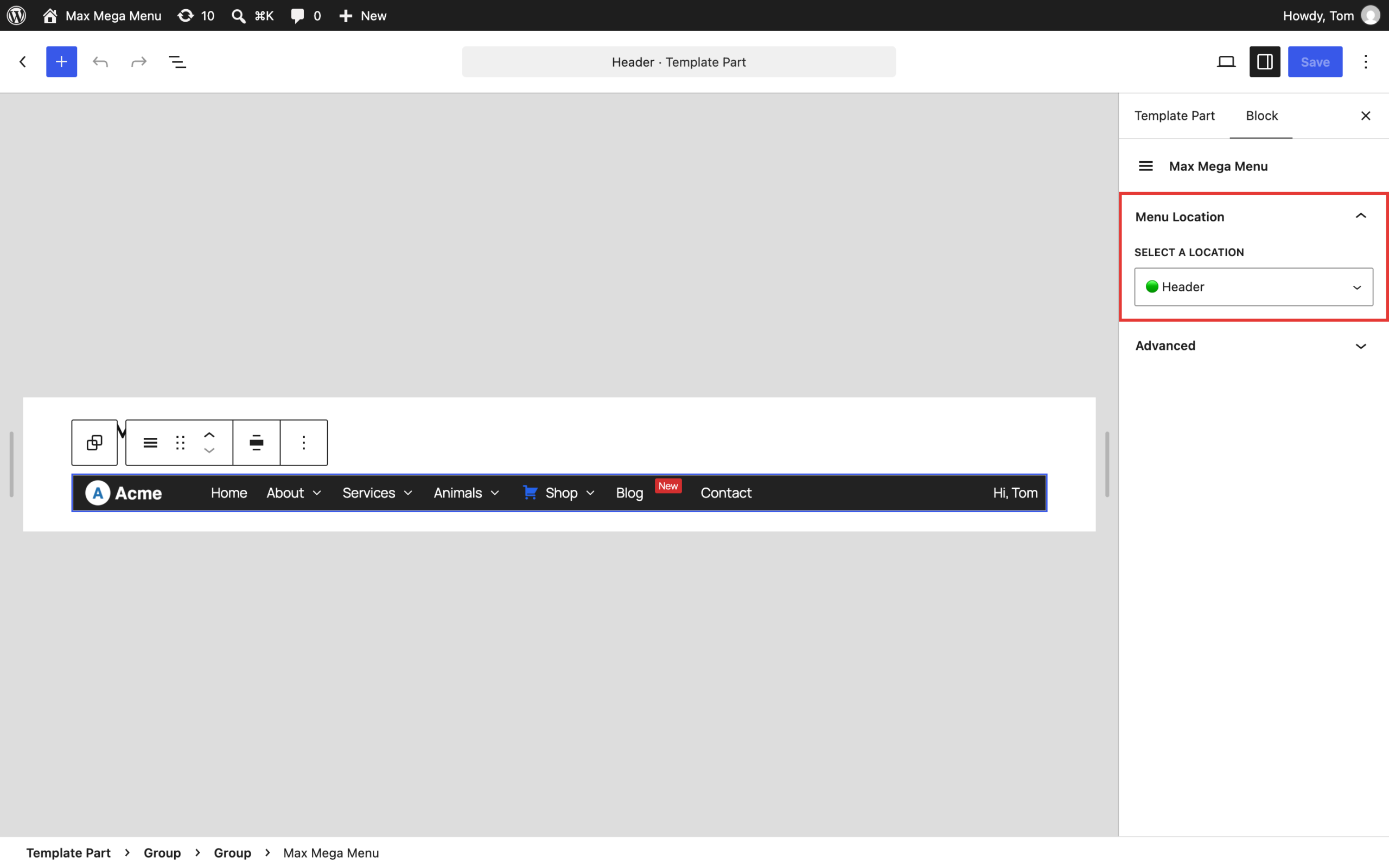 Max Mega Menu block in the Twenty Twenty-Five header template with the Header location selected