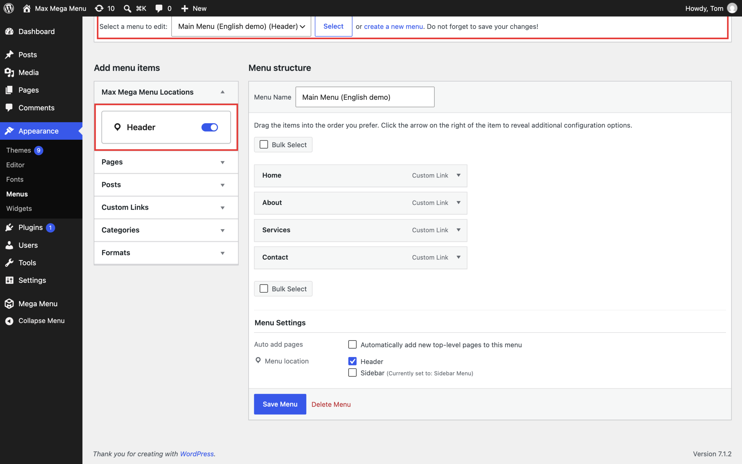 English menu assigned to the Header menu location with Max Mega Menu enabled