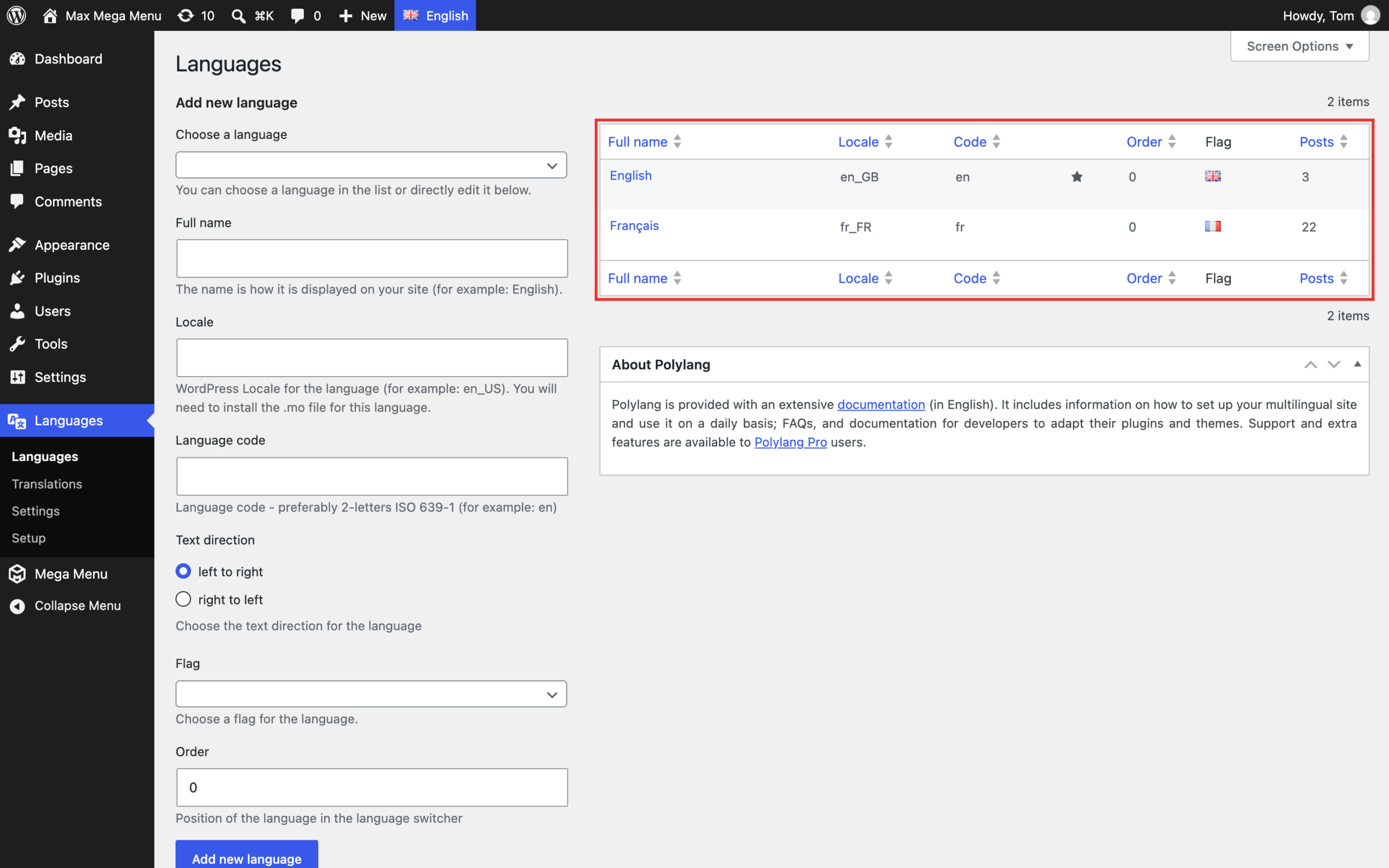 Polylang Languages page with English and French