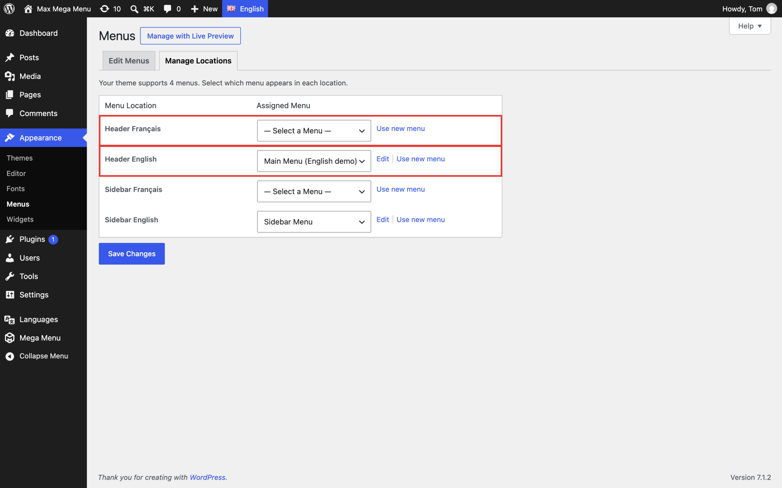 Polylang language specific menu locations on the Manage Locations tab