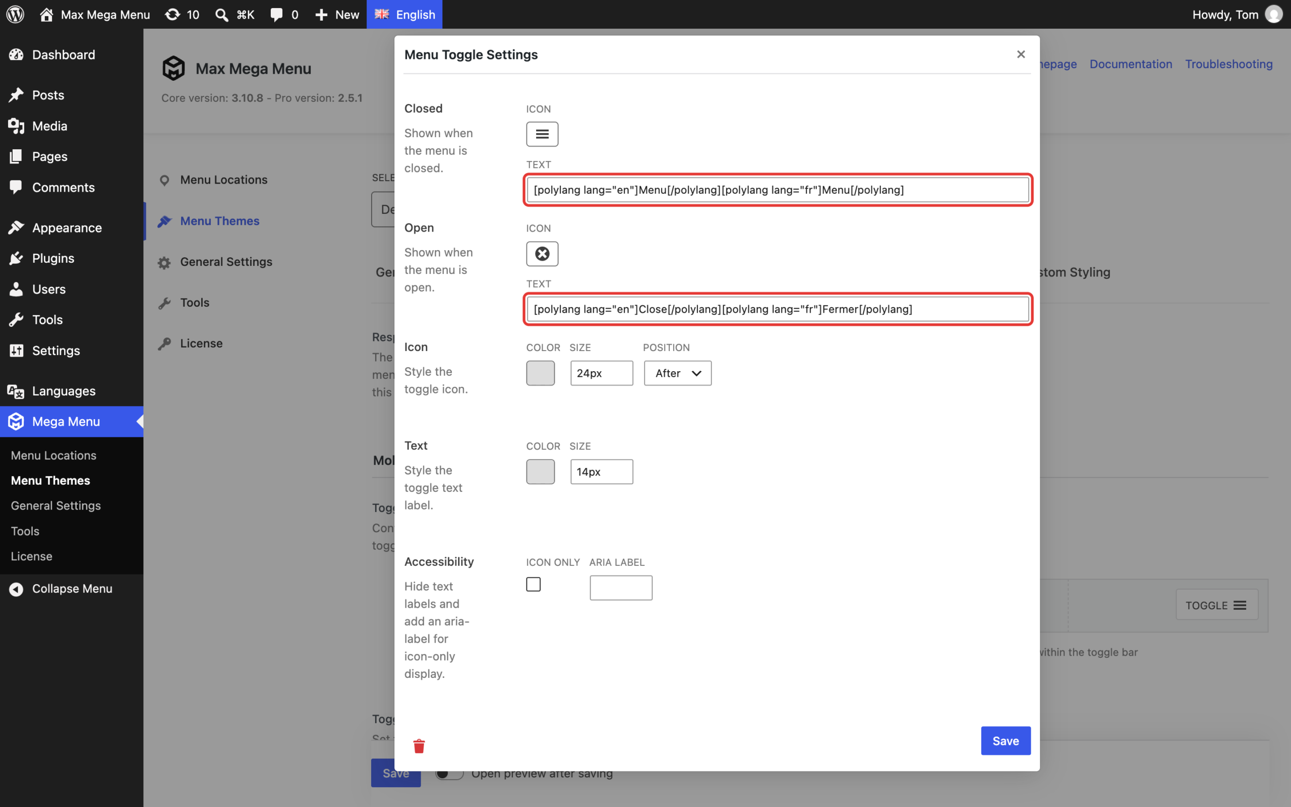 Polylang shortcodes in the Menu Toggle block text