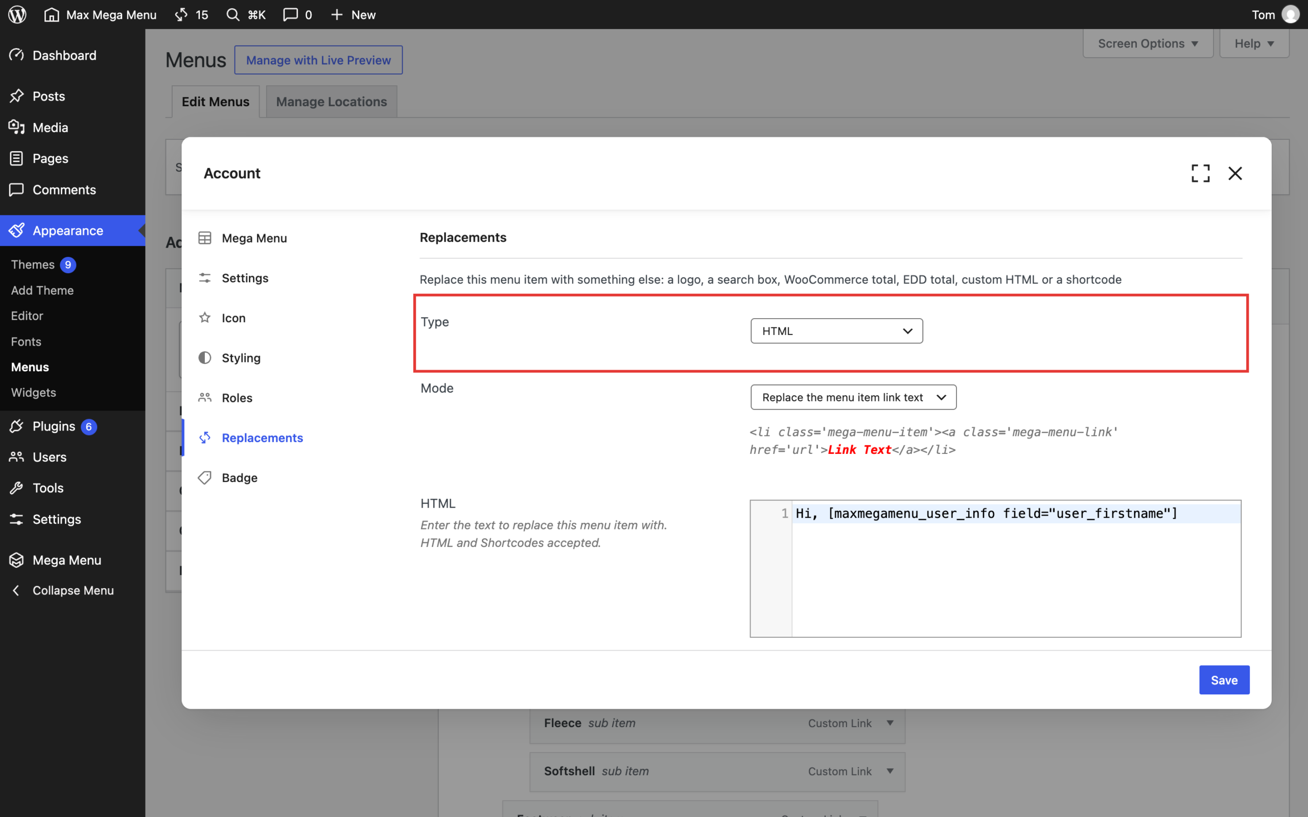 Replacements tab with HTML selected as the replacement type