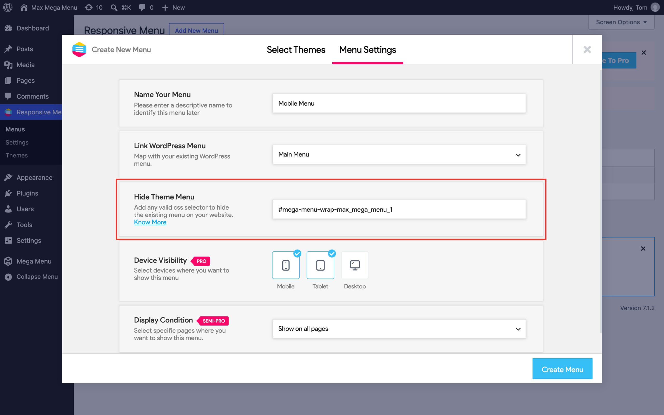 Responsive Menu Hide Theme Menu setting with the Max Mega Menu wrapper ID