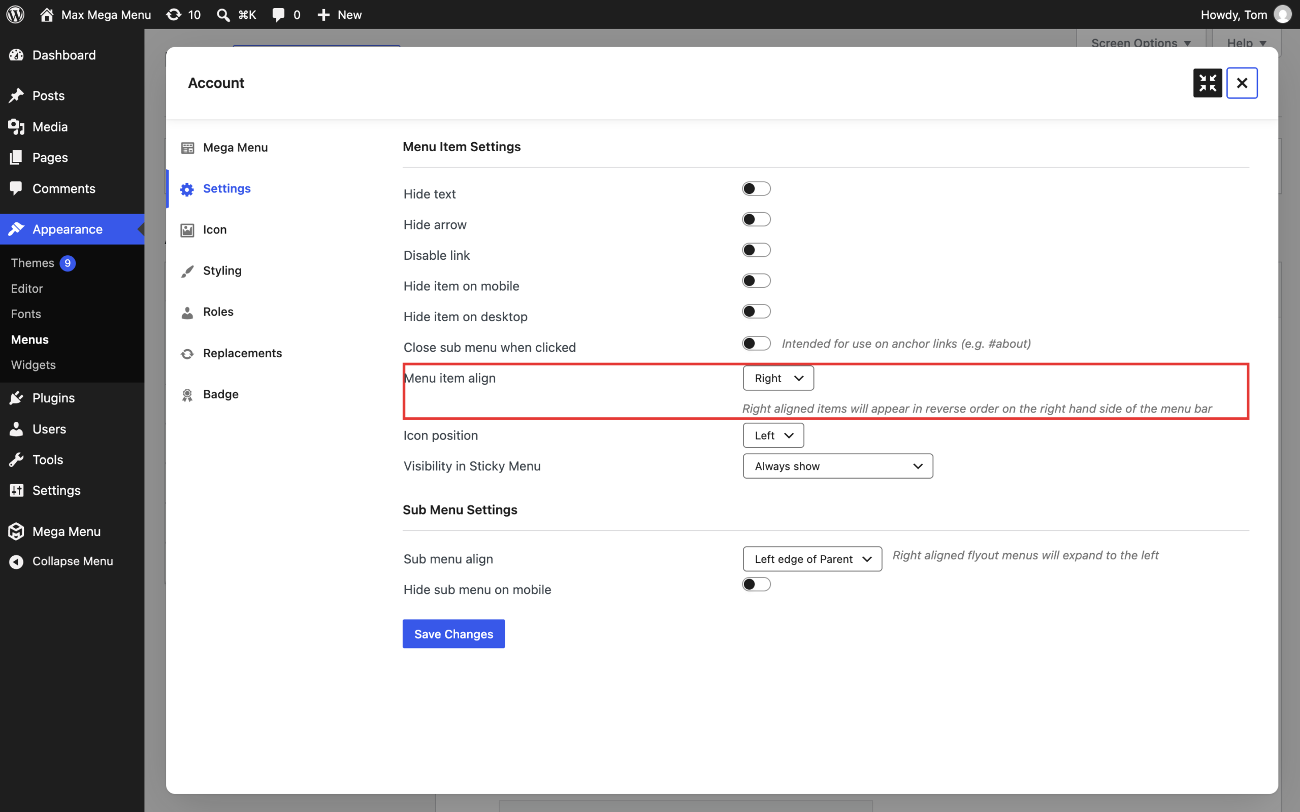 Menu item align set to Right on the Settings tab