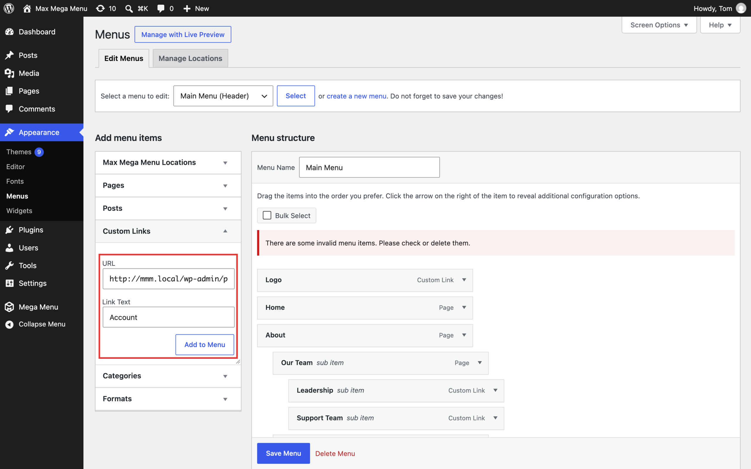 Adding an Account custom link to the menu