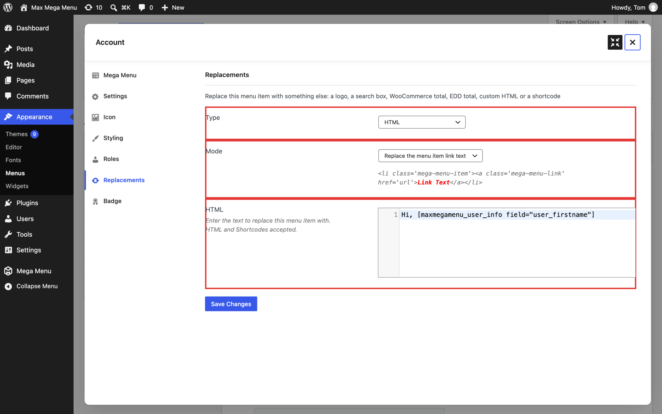 Replacements tab with HTML type and the user info shortcode