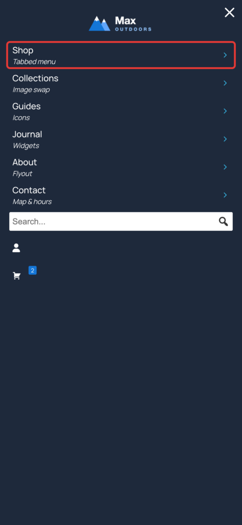 Off canvas mobile menu showing the top level menu items, with the Shop item highlighted