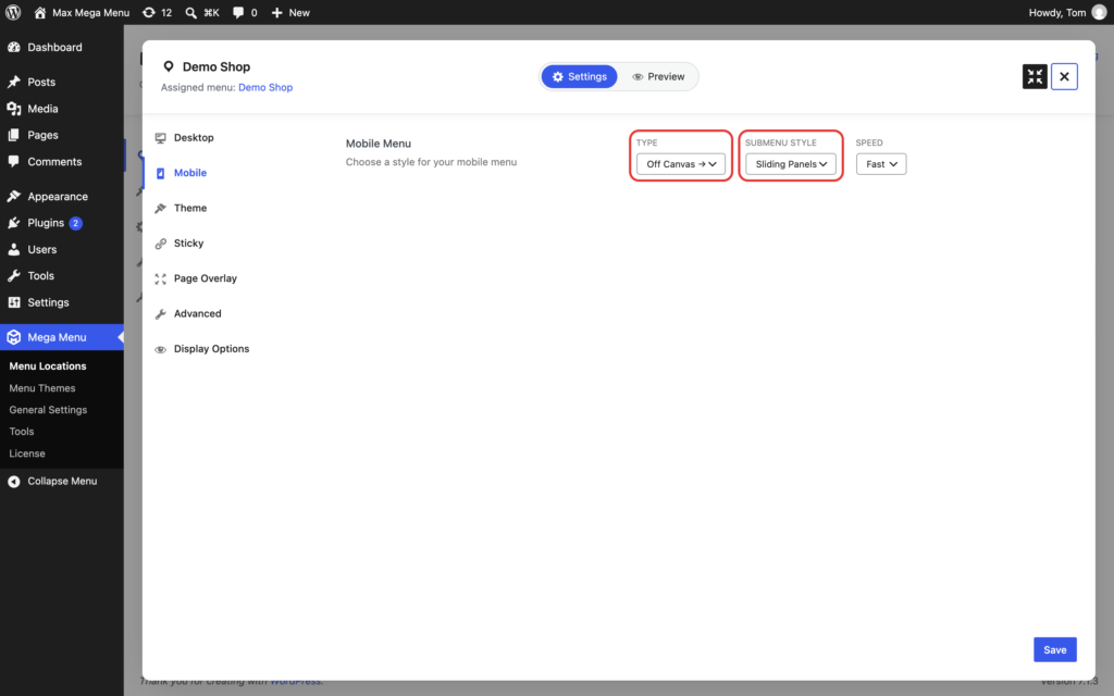 Mobile tab in the menu location settings, with Type set to Off Canvas and Submenu Style set to Sliding Panels