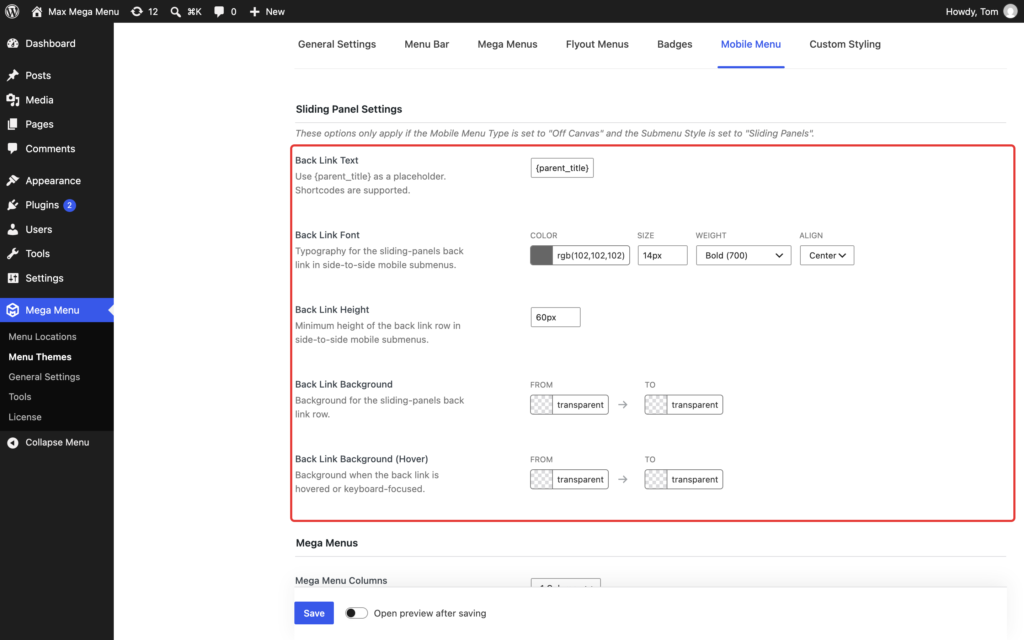 Sliding Panel Settings on the Mobile Menu tab of the theme editor