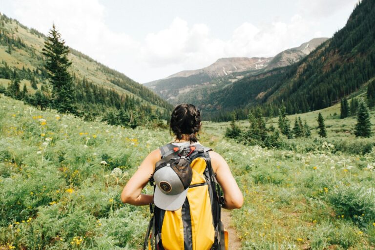 Hiker with a yellow backpack in a mountain meadow