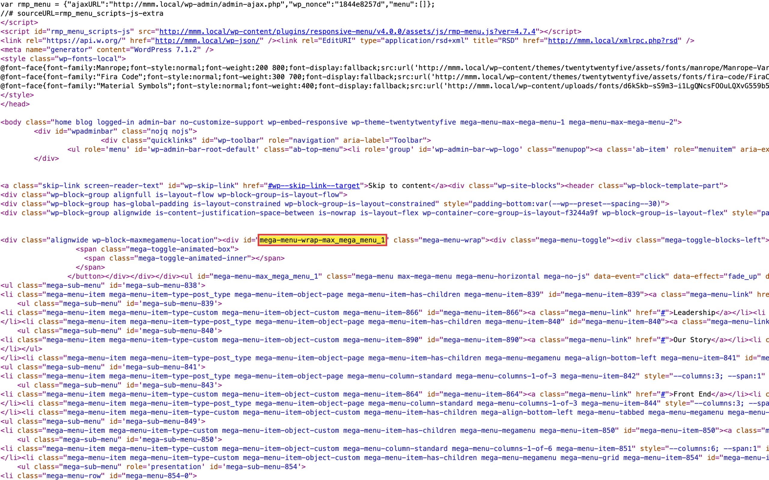 Page source showing the mega-menu-wrap ID