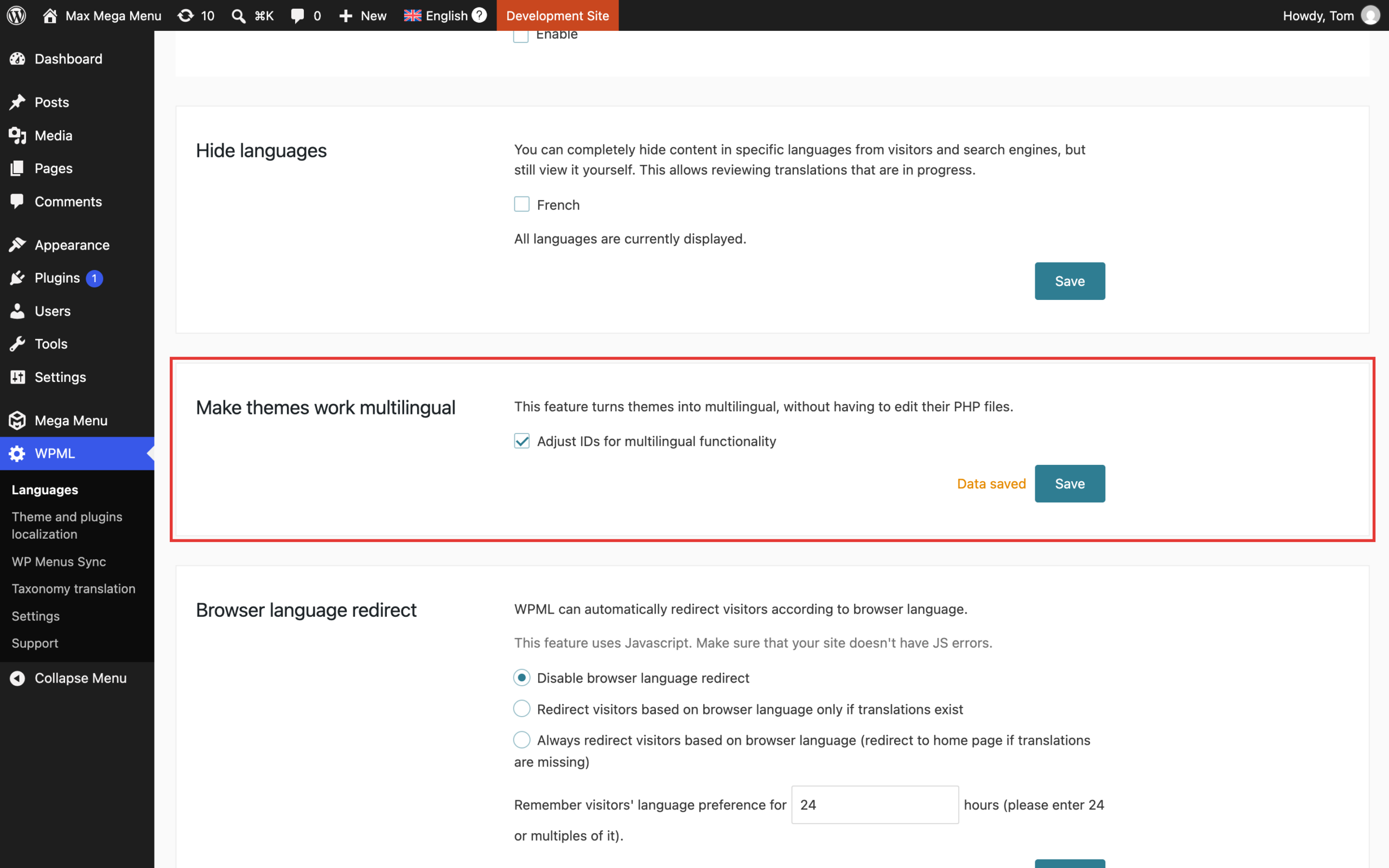 WPML Adjust IDs for multilingual functionality option
