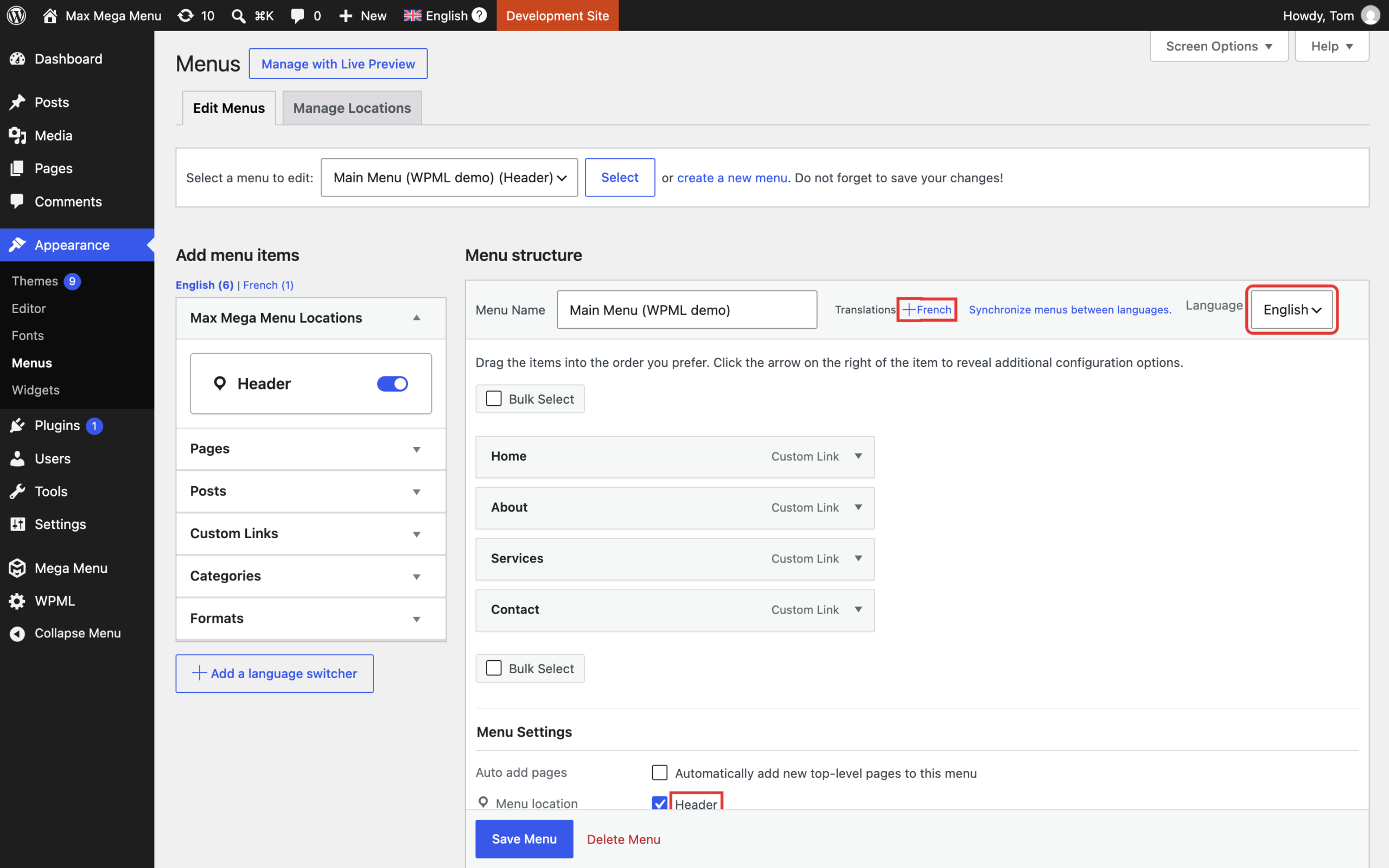 English menu with Language set to English, the Header location selected and the French translation link