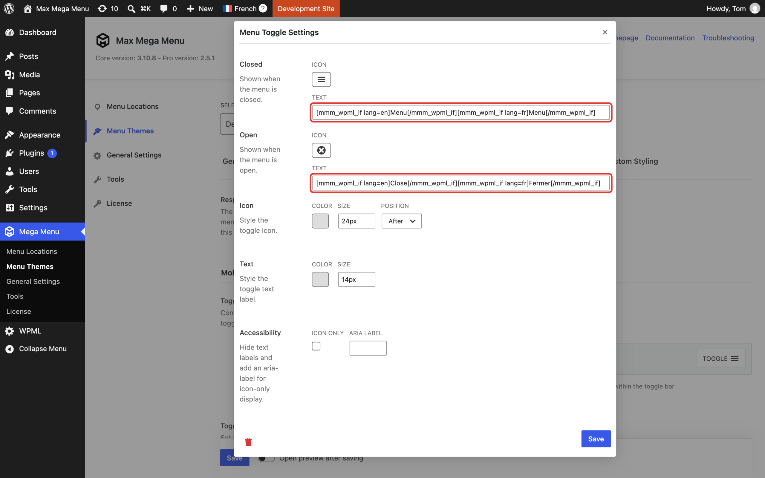 Language specific shortcodes in the Menu Toggle block text